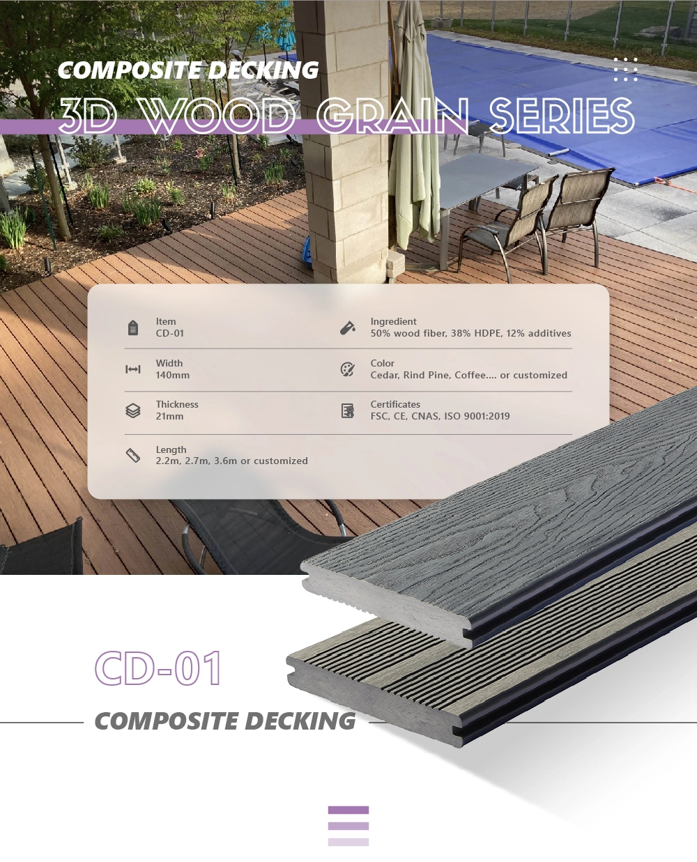 Outside 3D Wood Grain Solid WPC Composite Decking